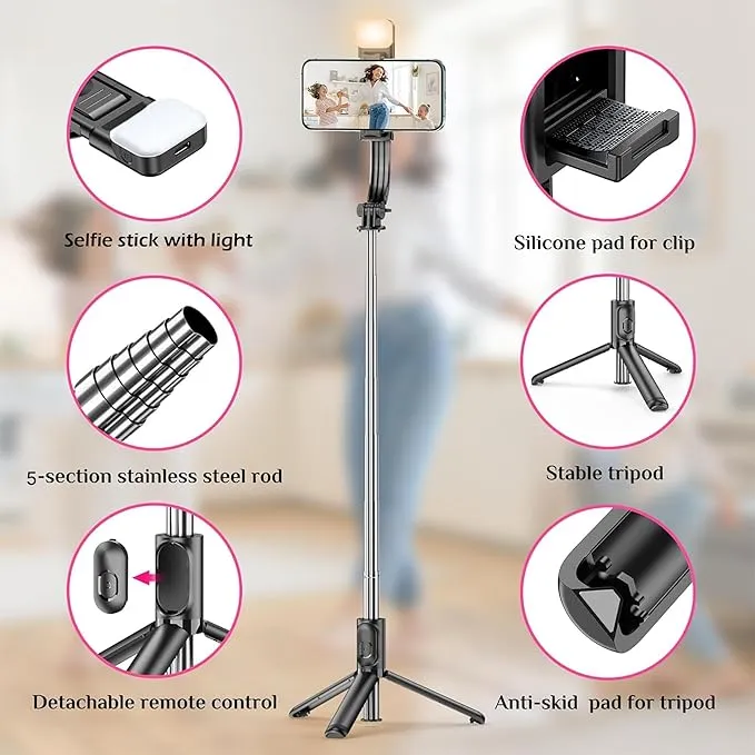 Selfie Stick with Tripod Stand, 3 in 1 Multifunctional design, Rechargable LED Light with Two Brighness Levels for Make up, Selfie, Vlogging & Photo Shoot, Selfie stick with Bluetooth Remote