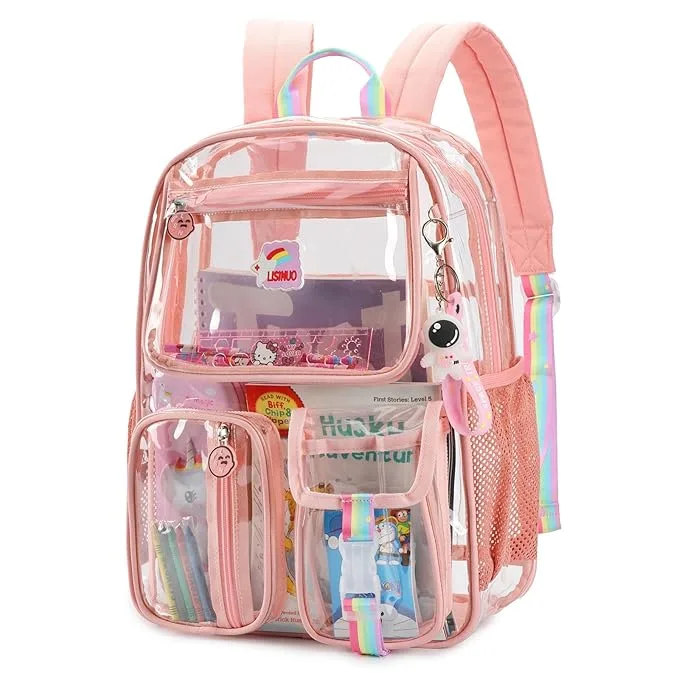 Clear Backpack Heavy Duty,Transparent Backpacks for School,Girls bookbag Stadium Approved,With Keychain