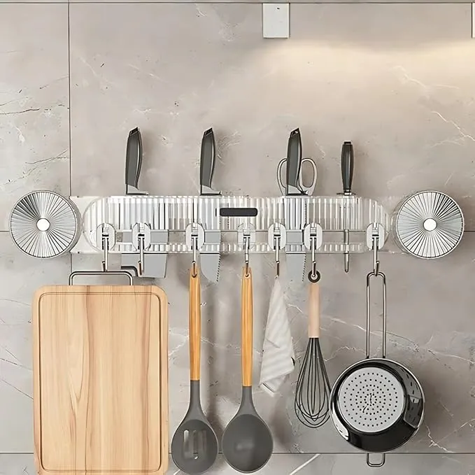SHALVI Wall-Mounted Kitchen Utensil Rack | Knife Holder with Hooks | Kitchen Utensil Organiser | Spatula Hanging Hooks | Knife & Spoon Holder Storage Rack | Self Adhesive & Suction | Multi-Purpose
