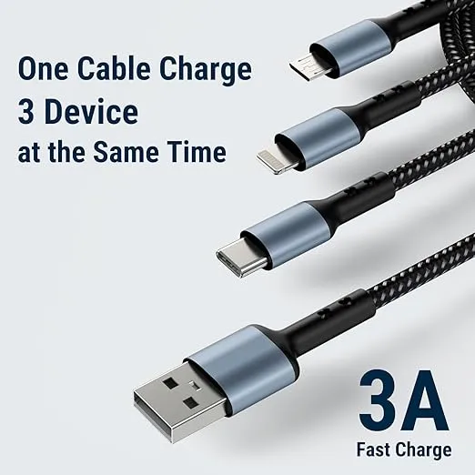3-in-1 Multi Fast Charging Cable – 3A Nylon Braided 1.5M Cable with Type-C & Micro USB for iPhone, iPad, Samsung, OnePlus, Xiaomi, Oppo, Vivo, Android & Car Charging