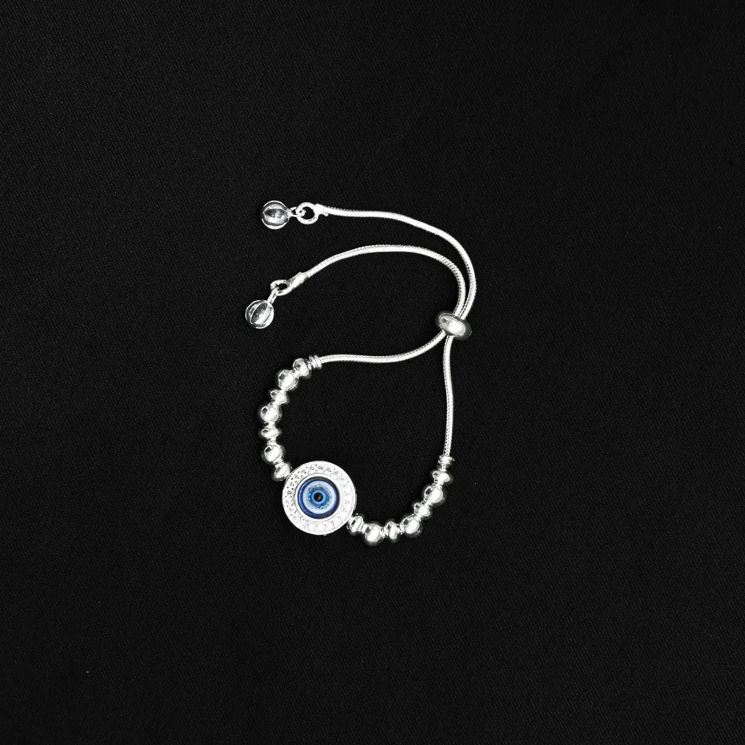 Elegant Silver Bracelet – Floral Design with Evil Eye Stone for Protection